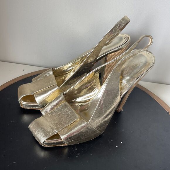 Yves Saint Laurent YSL Square Toe Gold Slingback High Heel Size 38 7.5 US - Picture 4 of 13
